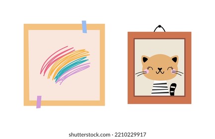 Marco con imagen y tarjeta de gato con dibujo como conjunto de vectores de juguete infantil colorido