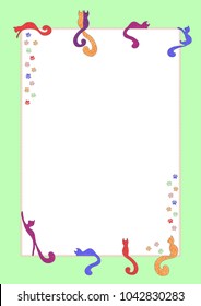 Frame with cats and traces of cat paws, postcard, vector illustration