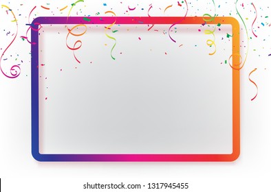 Frame Celebration background, template with confetti Colorful ribbons. luxury greeting rich card.