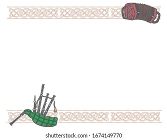 Frame with Celtic instruments and decorative border.  Vector illustration.