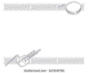 Frame with Celtic instruments and decorative border. Vector illustration.