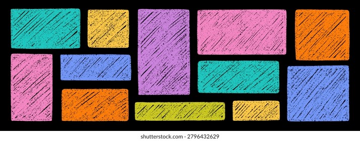 Frame chalk and crayon text box with grunge pencil texture. Kids abstract borders in sketch style, rectangular and square shapes doodle set. Hand drawn vector illustration isolated on black background
