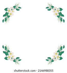 Frame of cherry or apple tree. Wreath with white flowers. Spring blooming composition with buds and leaves. Festive decoration for wedding, holiday, postcard and design. Vector flat illustration