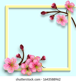 Frame with cherry blossom branches. Twigs with flowers and buds on a blue backdrop. Background for spring or summer design. Vector illustration