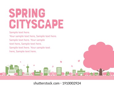 Frame of cherry blossoms and cityscape. “pink and green”