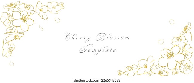 Frame of cherry blossoms and petals drawn with gold lines on white background. Vector illustration.