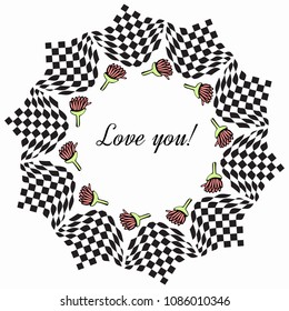 Frame with a chess pattern and flowers. Can be used for greeting card
