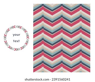 Frame, chevron geometrical  seamless pattern Set. Doodle boho style graphic design, irregular line stripes, winter color palette background. Circle wreath border shape. Vector illustration