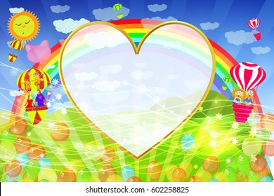 Frame for the child. A golden heart in shape. Landscape green meadow with a rainbow. Vector illustration for your design