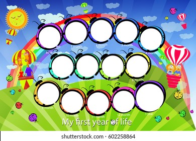 Frame for the child. My first year of life. 12 months of child development. Landscape of ladybugs on a rainbow. Vector illustration for your design