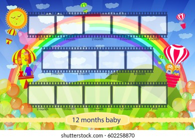 Frame for the child. My first year of life. 12 months of child development. Movie frames tape landscape green meadow. Vector illustration for your design