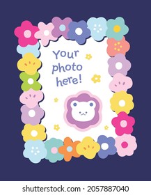 Frame For Child Photo. Cute Bear And Flowers. Kawaii Design, Animals. Your Photo Here