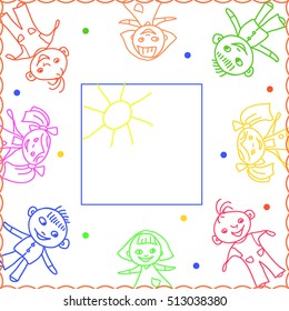 frame with childlike varicolored drawing