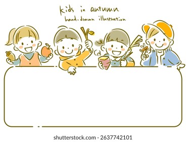 Frame of children enjoying autumn Simple and cute watercolor-style hand-drawn illustration