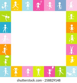 Frame for children with stylized kids silhouettes playing. Free space for text