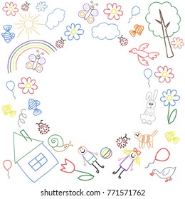 The frame of the children's colourful drawings with place for your text inside the circle. Vector illustration.