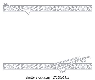 Frame with chinese instruments and decorative border. Vector illustration.