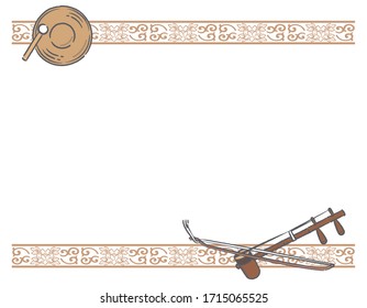 Frame with chinese instruments and decorative border. Vector illustration.