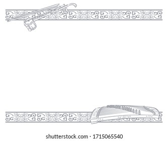Frame with chinese instruments and decorative border. Vector illustration.