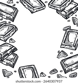 Frame of chocolate bar, chocolate pieces, crumbs, all objects are hand drawn in vector in gray color. Vector illustration. Suitable for printing on fabric, paper, food and cosmetic packaging.