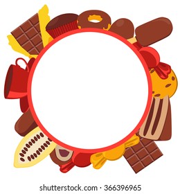 Frame chocolate products. Chocolate, candy and cocoa fruit. Vector illustration
