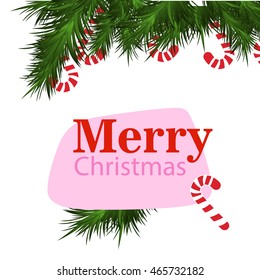 Frame Christmas branch with red text isolated on white background with place for your text on white. Sweet candy canes and Christmas gifts. Merry Christmas