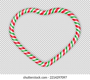 Frame christmas candy cane. Christmas heart stick. Traditional realistic xmas candy and red, green, white stripes. Santa caramel cane on transparent background. Vector illustration