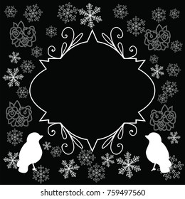 Frame for a Christmas card. Christmas background. Vector snowflakes and birds for your design.