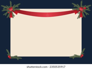 Frame with Christmas composition. Fir bances, glass balls and ribbon, Vector illustration with empty space.