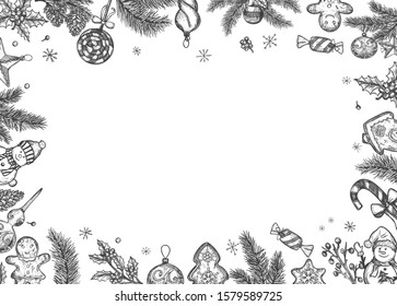 frame with Christmas decoration. biscuit. lollipops, sweets, snowmen, snowflakes, pine. Vector graphics. sketch