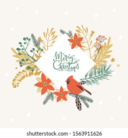 Frame with Christmas decorative elements - plants, branches, red cardinal bird. Traditional symbols, greeting card, vector illustration.