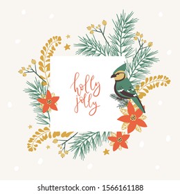 Frame with Christmas decorative elements - plants, branches, jay bird. Traditional symbols, greeting card, vector illustration.