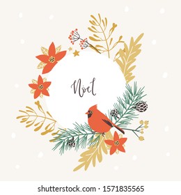 Frame with Christmas decorative elements - plants, branches, red cardinal bird. Traditional symbols, greeting card, vector illustration.