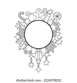 Frame with Christmas elements in a line art style. Winter graphic border design. Vacation doodle. Creative Xmas festival outline linear banner. Isolated on white. 