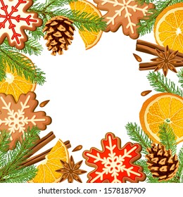 Frame Christmas green tree, cones, gingerbread cookies, oranges, cinnamon. Decor for a greeting card. Vector image. White background.