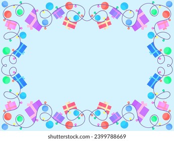 Frame with christmas light and gift boxes. Festive frame with Christmas glowing garland and place for text. LED Christmas tree lights. Festive design for posters and banners. Vector illustration