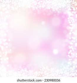 Frame of Christmas lights bokeh blurred pink background. EPS 10
