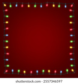 Frame of Christmas lights. Garland on a red background. Christmas lights. Vector illustration.