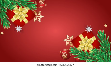 Frame Christmas on red background with gift  pin leaf  and element in Christmas holiday , Flat Modern design , illustration Vector EPS 10