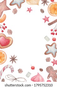 frame christmas set, clipart with christmas spices and goodies, lollipops, a cup of coffee, citrus slices, cookies, star anise, watercolor illustration on a white background