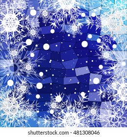 Frame of Christmas snowflakes on a blue background with a geometrical pattern. vector illustration. graphic arts and design. a series of images for the new year and Christmas