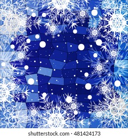 Frame of Christmas snowflakes on a blue background with a geometrical pattern. vector illustration. graphic arts and design. a series of images for the new year and Christmas
