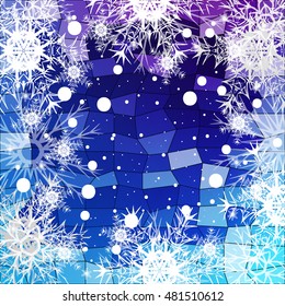 Frame of Christmas snowflakes on a blue background with a geometrical pattern. vector illustration. graphic arts and design. a series of images for the new year and Christmas