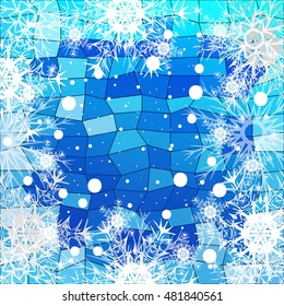 Frame of Christmas snowflakes on a blue background with a geometrical pattern. vector illustration. graphic arts and design. a series of images for the new year and Christmas