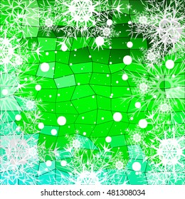 Frame of Christmas snowflakes on a green background with a geometrical pattern. vector illustration. graphic arts and design. a series of images for the new year and Christmas