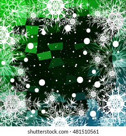 Frame of Christmas snowflakes on a green background with a geometrical pattern. vector illustration. graphic arts and design. a series of images for the new year and Christmas