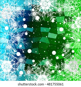 Frame of Christmas snowflakes on a green background with a geometrical pattern. vector illustration. graphic arts and design. a series of images for the new year and Christmas