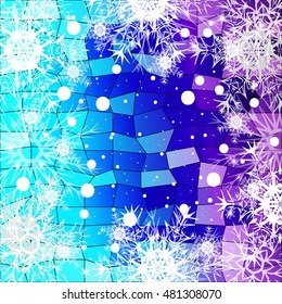 Frame of Christmas snowflakes on a purple and blue background with a geometrical pattern. vector illustration. graphic arts and design. a series of images for the new year and Christmas