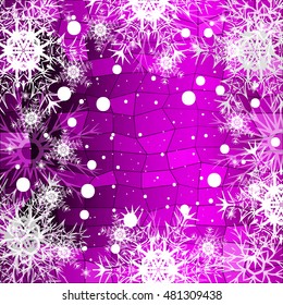 Frame of Christmas snowflakes on a purple background with a geometrical pattern. vector illustration. graphic arts and design. a series of images for the new year and Christmas