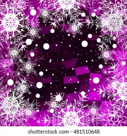 Frame of Christmas snowflakes on a purple background with a geometrical pattern. vector illustration. graphic arts and design. a series of images for the new year and Christmas